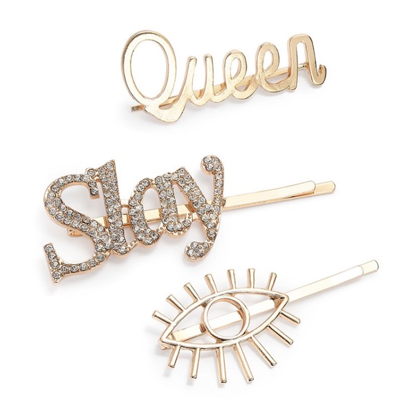 @_theboutique_ Accessories - Gold Tone 3pc Set : Queen, Slay & Eye Bobby Pins